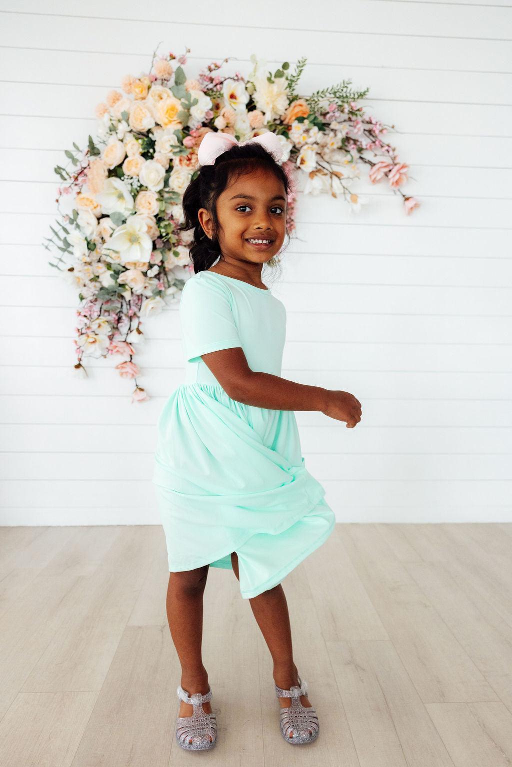 Pastel Green Short Sleeve Pocket Twirl Dress