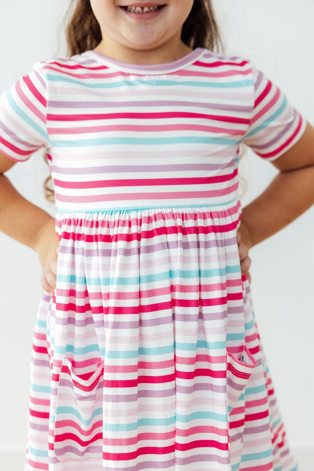 Pastel Stripes Short Sleeve Pocket Twirl Dress