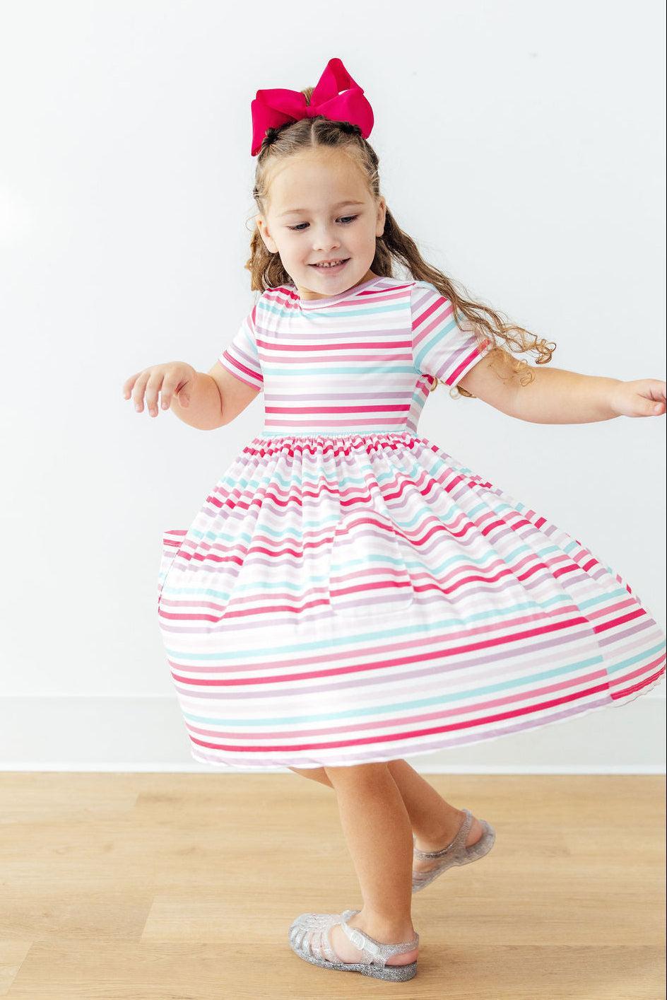 Pastel Stripes Short Sleeve Pocket Twirl Dress