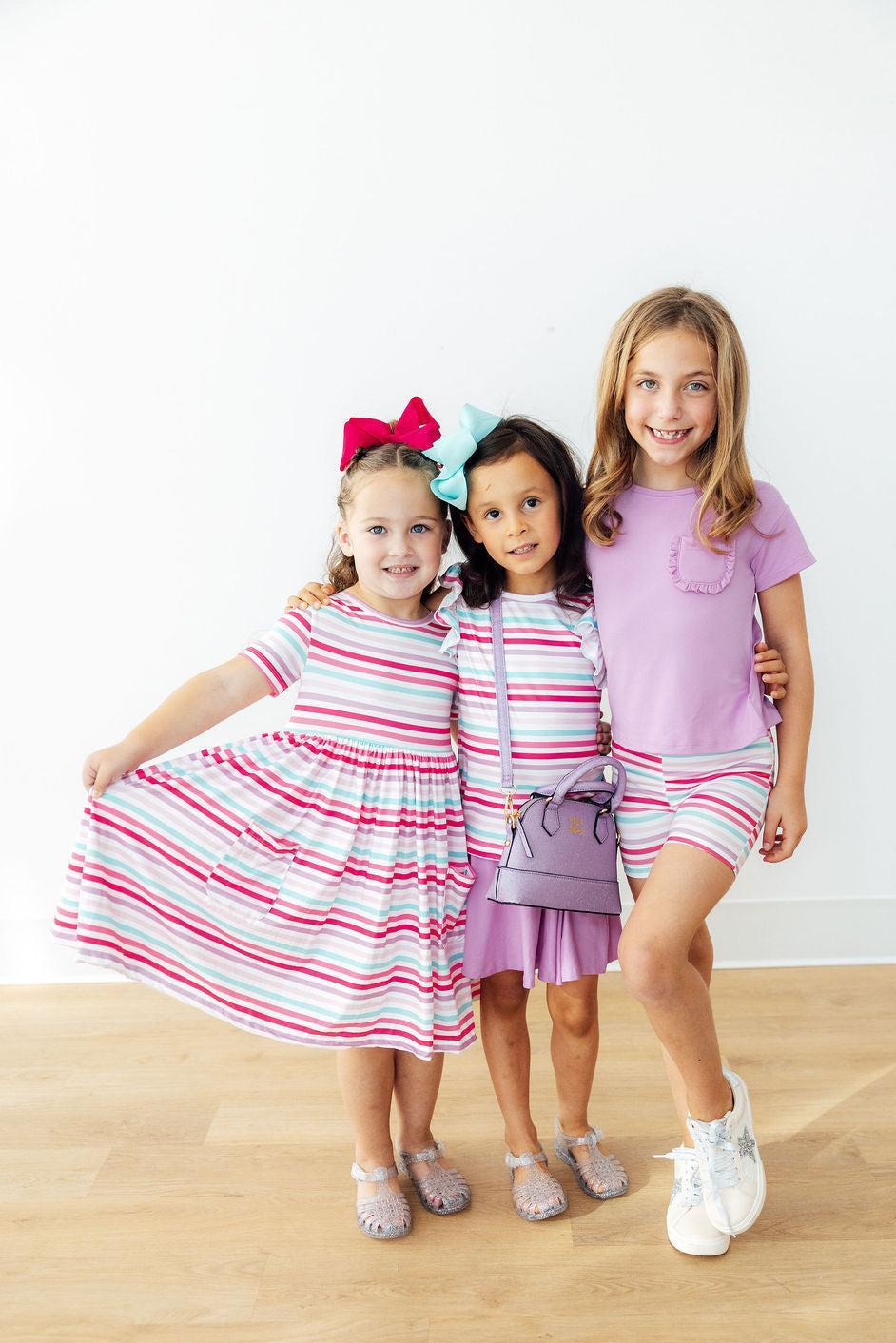 Pastel Stripes Short Sleeve Pocket Twirl Dress