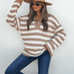 Oatmeal Split V Neck Striped Sweater