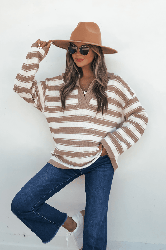 Oatmeal Split V Neck Striped Sweater