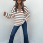 Oatmeal Split V Neck Striped Sweater