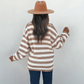 Oatmeal Split V Neck Striped Sweater