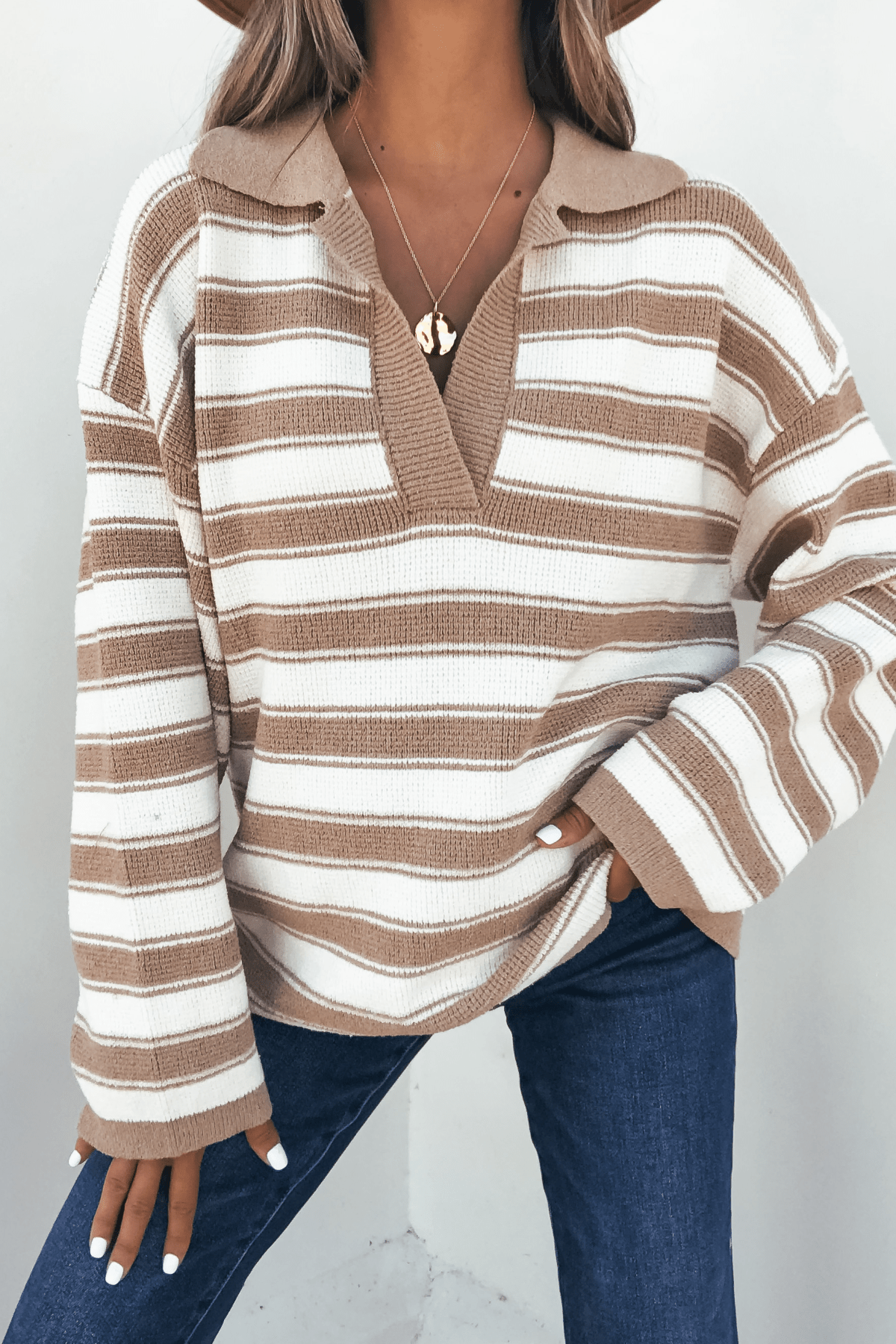Oatmeal Split V Neck Striped Sweater