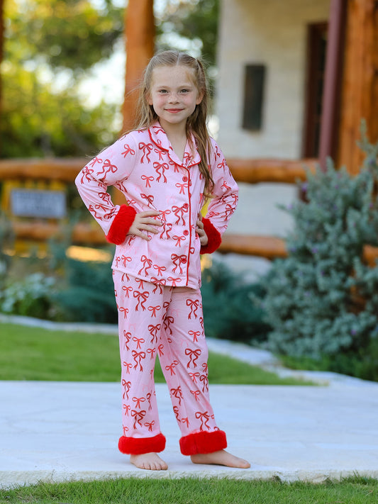 Christmas Bow Girls Pajama Set with Furry Trim