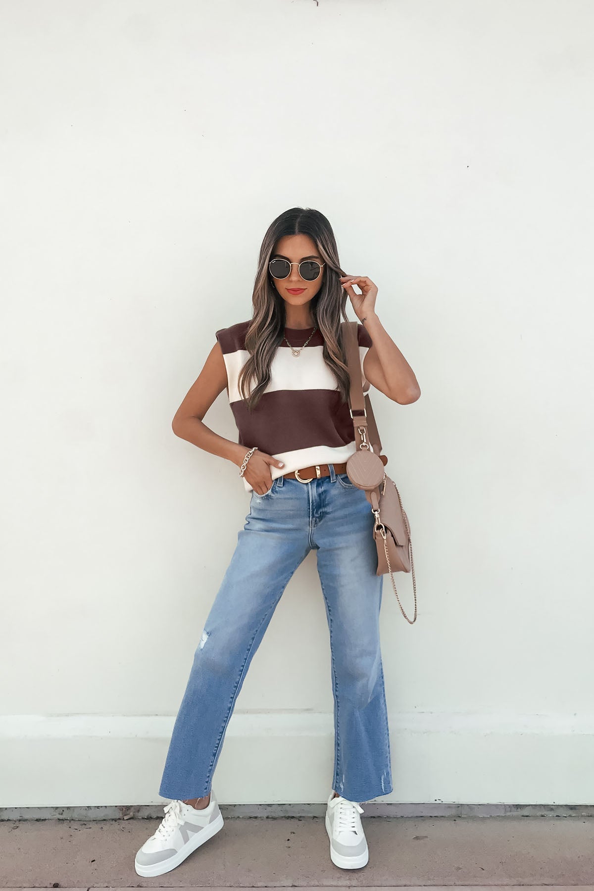 Sleeveless Brown and Cream Striped Sweater