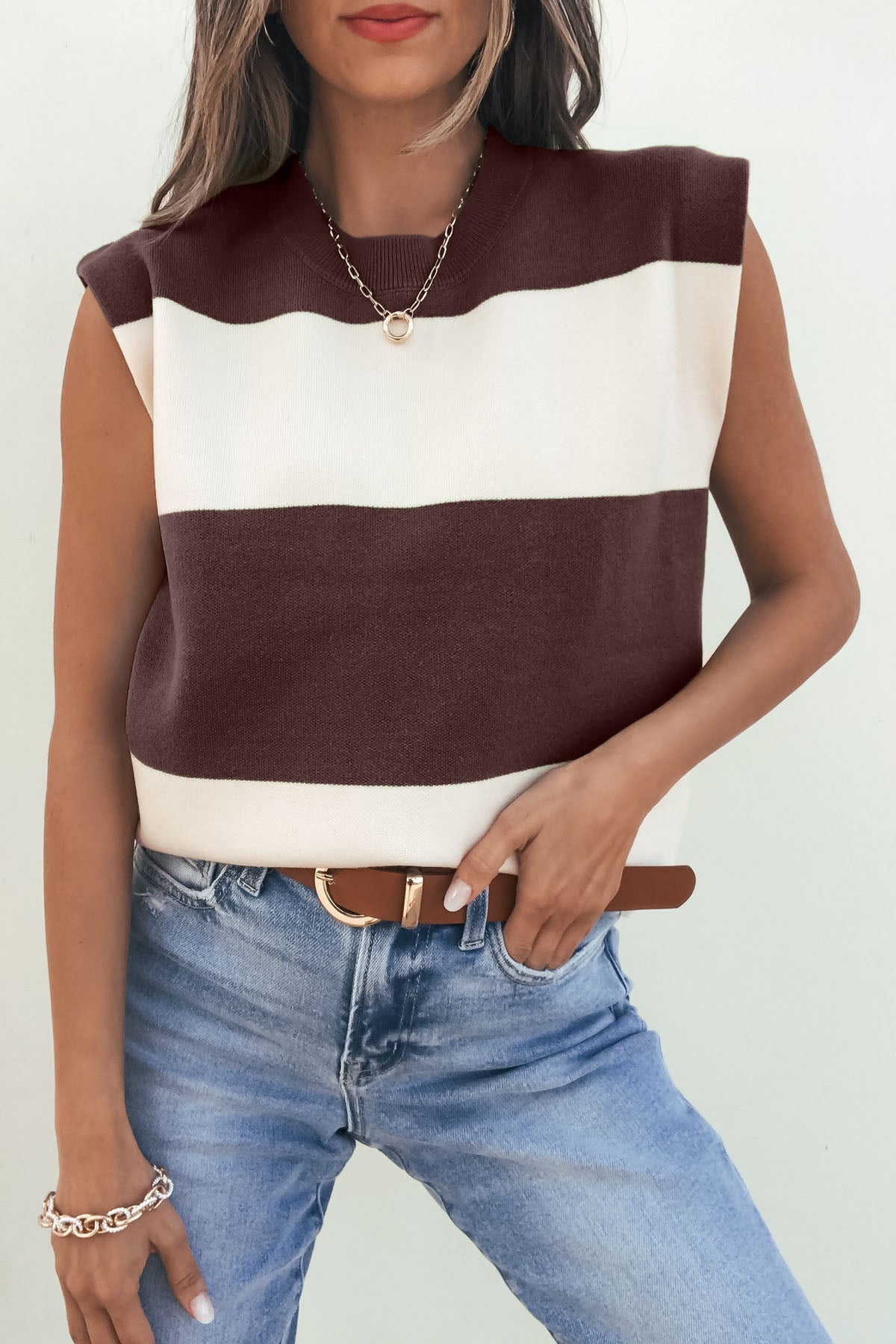 Sleeveless Brown and Cream Striped Sweater