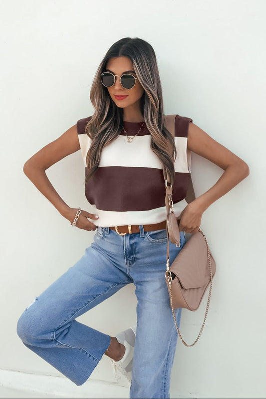Sleeveless Brown and Cream Striped Sweater