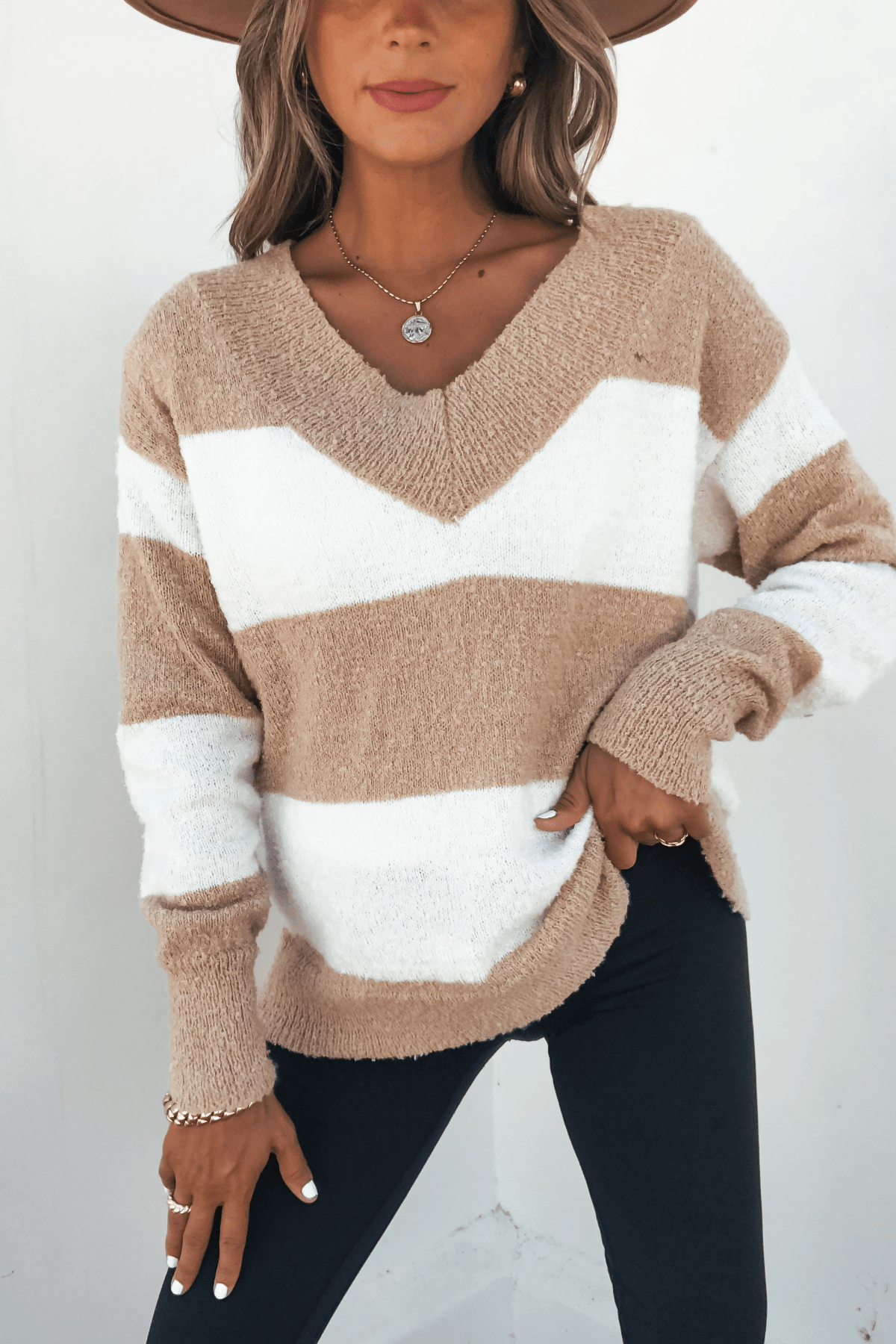 Tan and Ivory Striped Sweater