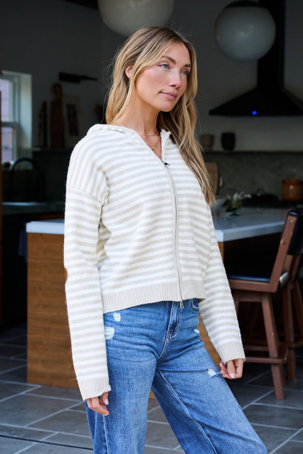 Tan Striped Hooded Zip Up Sweater