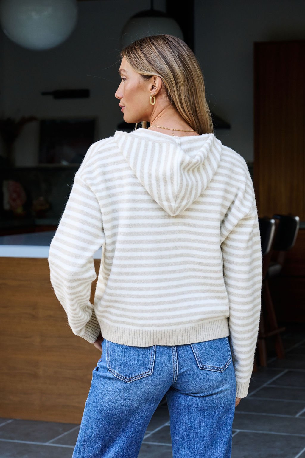 Tan Striped Hooded Zip Up Sweater