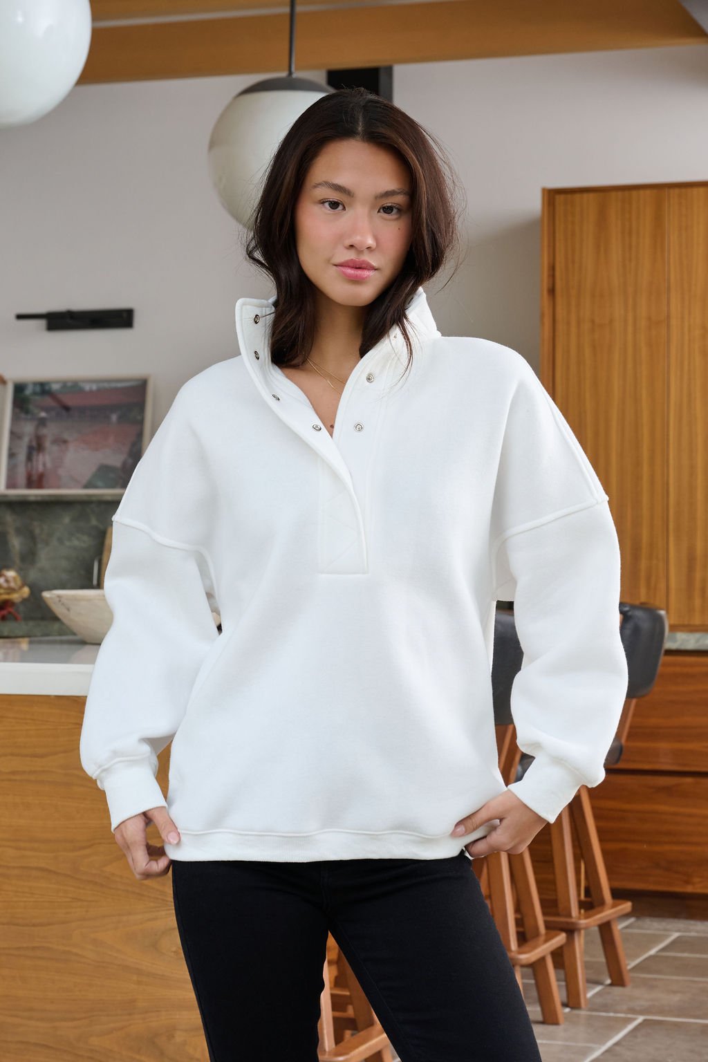 White Collared Button Up Pullover Sweatshirt