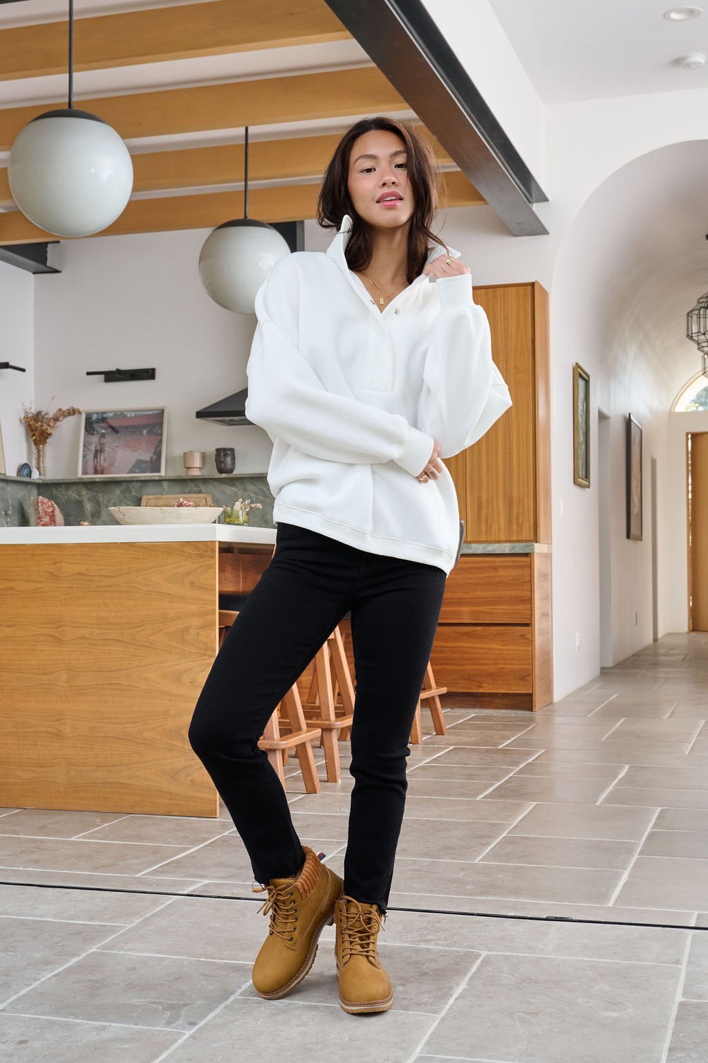 White Collared Button Up Pullover Sweatshirt