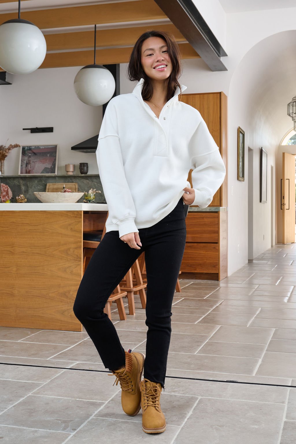 White Collared Button Up Pullover Sweatshirt