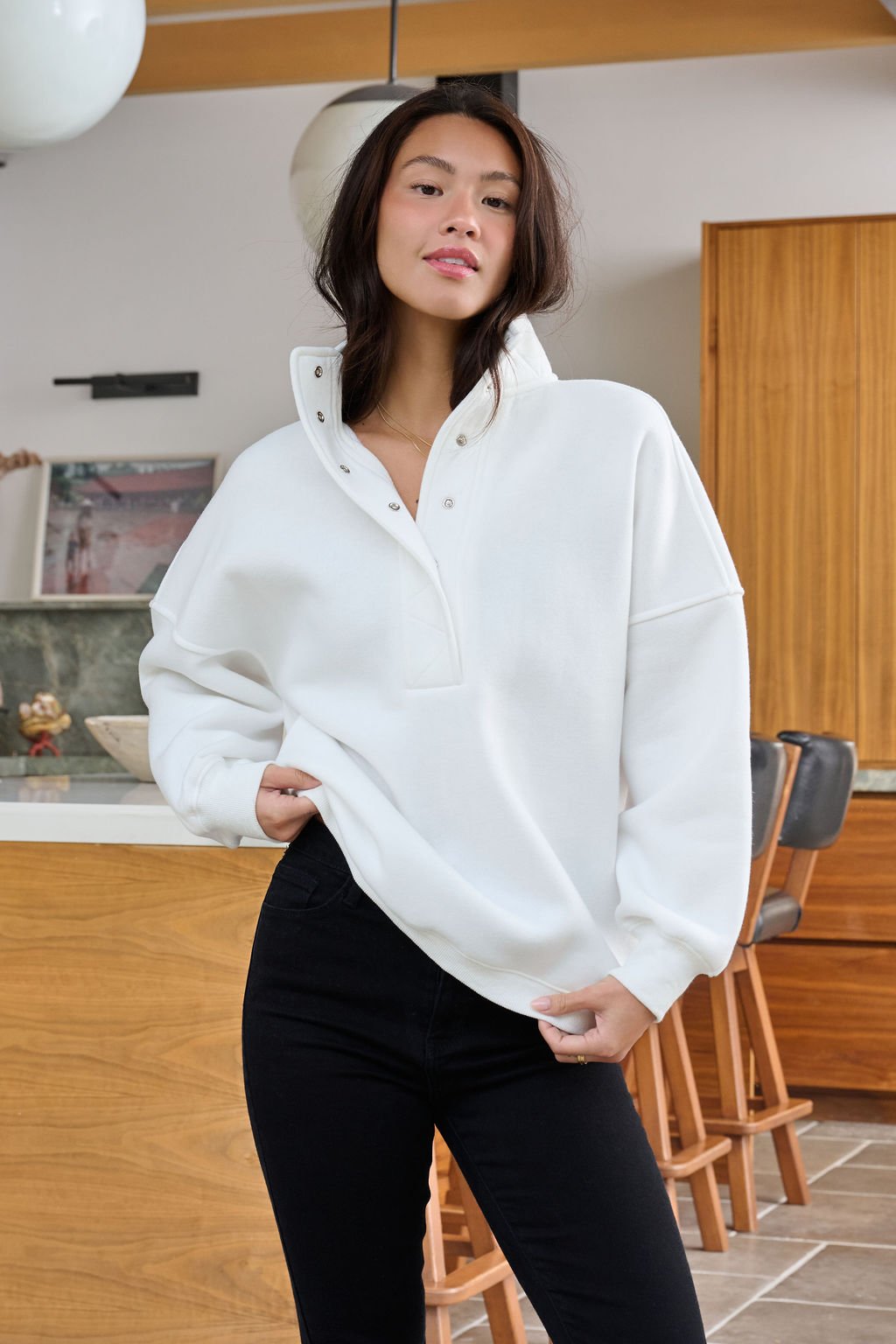 White Collared Button Up Pullover Sweatshirt