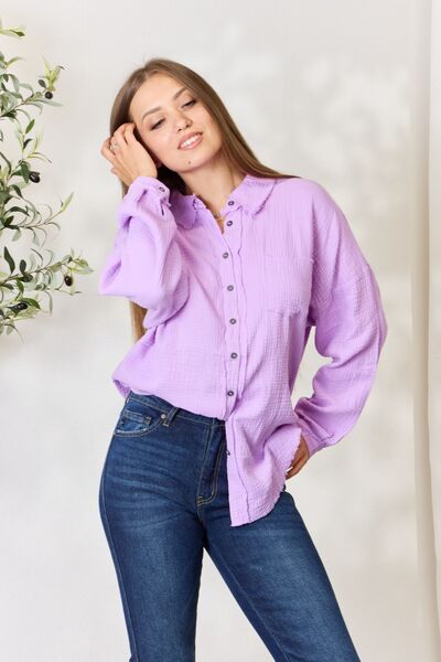 Chelsea Texture Button Up Raw Hem Long Sleeve Shirt- Lavender
