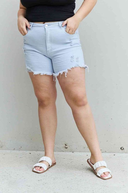 RISEN Katie High Waisted Distressed Shorts- Ice Blue