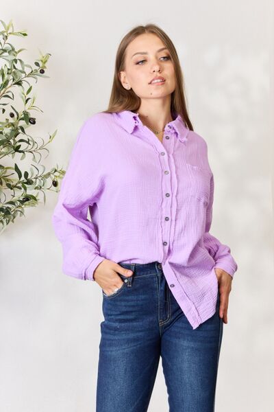 Chelsea Texture Button Up Raw Hem Long Sleeve Shirt- Lavender